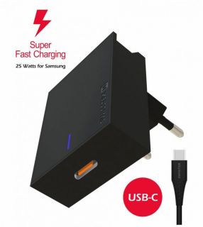 - Premium 25W Samsung Super Fast Charging lādētājs ar 1.2 m USB-C uz USB-C kabeli Melns