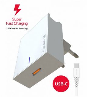 - Premium 25W Samsung Super Fast Charging lādētājs ar 1.2 m USB-C uz USB-C kabeli Balts