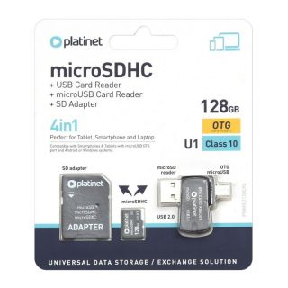 Platinet 4in1 128GB Micro SDHC Class 10 Atmiņas Karte + Karšu Lasītājs + OTG + Adapteris