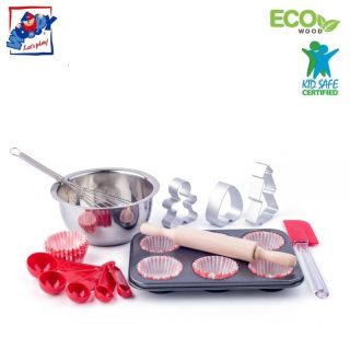 - Woody 91878 Eko koka / metāla / plastmasas rotaļu virtuves trauku komplekts gatavot mafinus 10gab. bērniem no 3 gadiem +