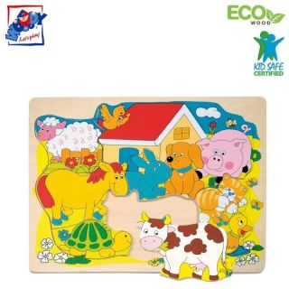 - Woody 90340 Eko koka attīsto&amp;amp;#353;ā puzle rāmī Dzīvnieki 10gab. bērniem no 2 gadiem + 30x23cm