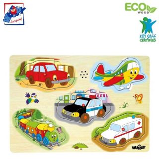 - Woody 90331 Eko koka attīsto&amp;amp;#353;ā puzle ar skaņām ''Ma&amp;amp;#353;īnas'' 5gab. bērniem no 3 gadiem + 30x23cm