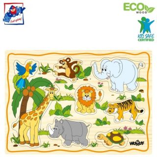 - Woody 90252 Eko koka attīsto&amp;amp;#353;ā puzle ''Ekzotiskie dzīvnieki'' 12gab. bērniem no 2 gadiem + 30x21cm