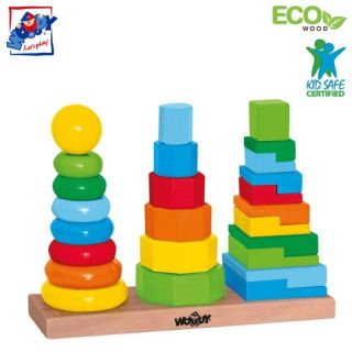 - Woody 90836 Attīsto&amp;amp;#353;a krāsaina Eko Koka torņu piramīda konstruktors 25gab. bērniem no 2 gadi + 28x9x21сm