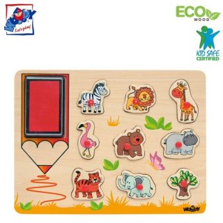 - Woody 91185 Eko koka attīsto&amp;amp;#353;ā puzle ar zīmogiem ''Savvaļas Dzīvnieki'' 10gab. bērniem no 3 gadiem + 30x21cm