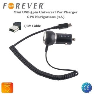 Forever 1A Auto Lādētājs Mini USB 5pin GPS Navigācijai HQ Analogs ar 2,5m Vadu EU Blister