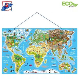 - Woody 91290 Eko attīskoša Puzle un Angļu valodas apmācoša Pasaules karte 203gab. 4+ 77x47cm