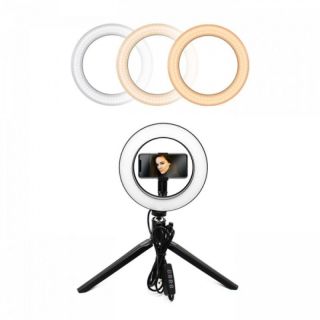 - CP 10x LED Selfie 25cm Gredzena Lampa ar galda statīvu un galda statīvu + Universāls telefona stiprinājums
