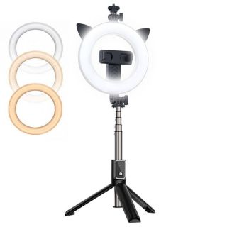 - CP X3 LED 16cm Uzlādējama Selfie Lampa ar BT Pulti & Rokturi + Grīdas statīvu 20-90cm + Telefona stiprinājums
