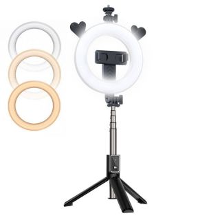 - CP X5 LED 16cm Uzlādējama Selfie Lampa ar BT Pulti & Rokturi + Grīdas statīvu 20-90cm + Telefona stiprinājums