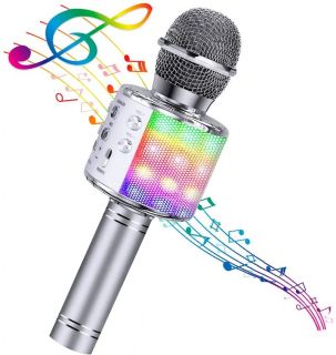 - Bemi M85 Karaoke Bērnu & Vecāku Prieka Efektu Mikrofons ar skaļruņiem & Ierakstu Micro USB AUX Sudraba