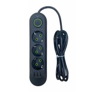 - Riff F05U 3 Ligzdu Tīkla strāvas pagarinātājs ar 2m Vadu & On / Off Pogu + 3x USB Melns