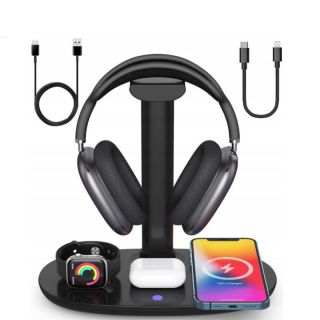 - CP X5W 4in1 15W Bezvadu Magsafe Qi Lādētājs Statīvs priekš iPhone Watch Airpods un citām ierīcēm + austiņu turētājs Melna