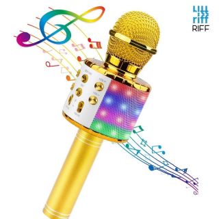 - Riff WS-858 Karaoke Bērnu & Vecāku Prieka Efektu Mikrofons ar skaļruņiem & Ierakstu Micro USB AUX Zeltains