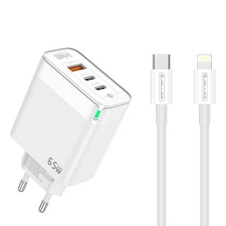 - Jellico C79 GaN 65W 3.3V-20V 1.5-3.25A 2x USB-C  /  USB Tīkla lādētāja komplekts + PD Lightning Kabelis Balts