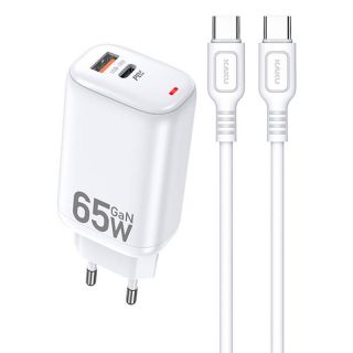 - iKaku KSC-690 Divu Ligzdu Tīkla lādētājs GaN 65W USB type C + USB + Kabelis 100W 1m USB-C-USB-C Balts